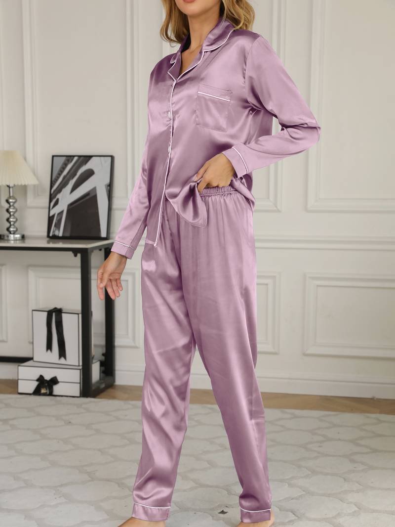 Women's Satin Pajama Set featuring a stylish button-up blouse and long trousers, perfect for a comfortable and elegant sleepwear experience. 1