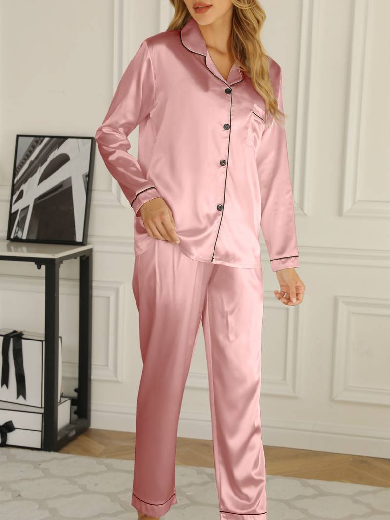 Women's Satin Pajama Set featuring a stylish button-up blouse and long trousers, perfect for a comfortable and elegant sleepwear experience. 2