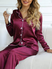 Women's Satin Pajama Set featuring a stylish button-up blouse and long trousers, perfect for a comfortable and elegant sleepwear experience. 5