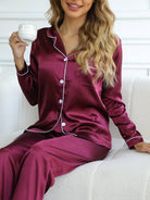 Women's Satin Pajama Set featuring a stylish button-up blouse and long trousers, perfect for a comfortable and elegant sleepwear experience. 5
