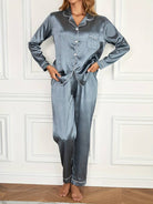 Women's Satin Pajama Set featuring a stylish button-up blouse and long trousers, perfect for a comfortable and elegant sleepwear experience. 8