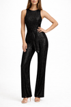 Women’s Sleeveless Sequin Jumpsuit with Open Back and Tie Waist