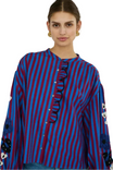 Women’s Striped Blouse with Balloon Sleeves and Button Closure