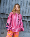 Women’s Striped Blouse with Balloon Sleeves and Button Closure