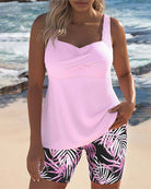 Women's tummy control tankini swimsuit set featuring a vibrant tropical print and a flattering sweetheart neckline, perfect for beach and pool outings. 4