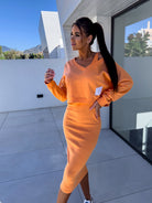 Women's two piece set featuring a chic midi dress paired with a cozy sweatshirt, perfect for versatile styling and comfortable wear. 0
