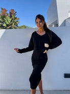 Women's two piece set featuring a chic midi dress paired with a cozy sweatshirt, perfect for versatile styling and comfortable wear. 1