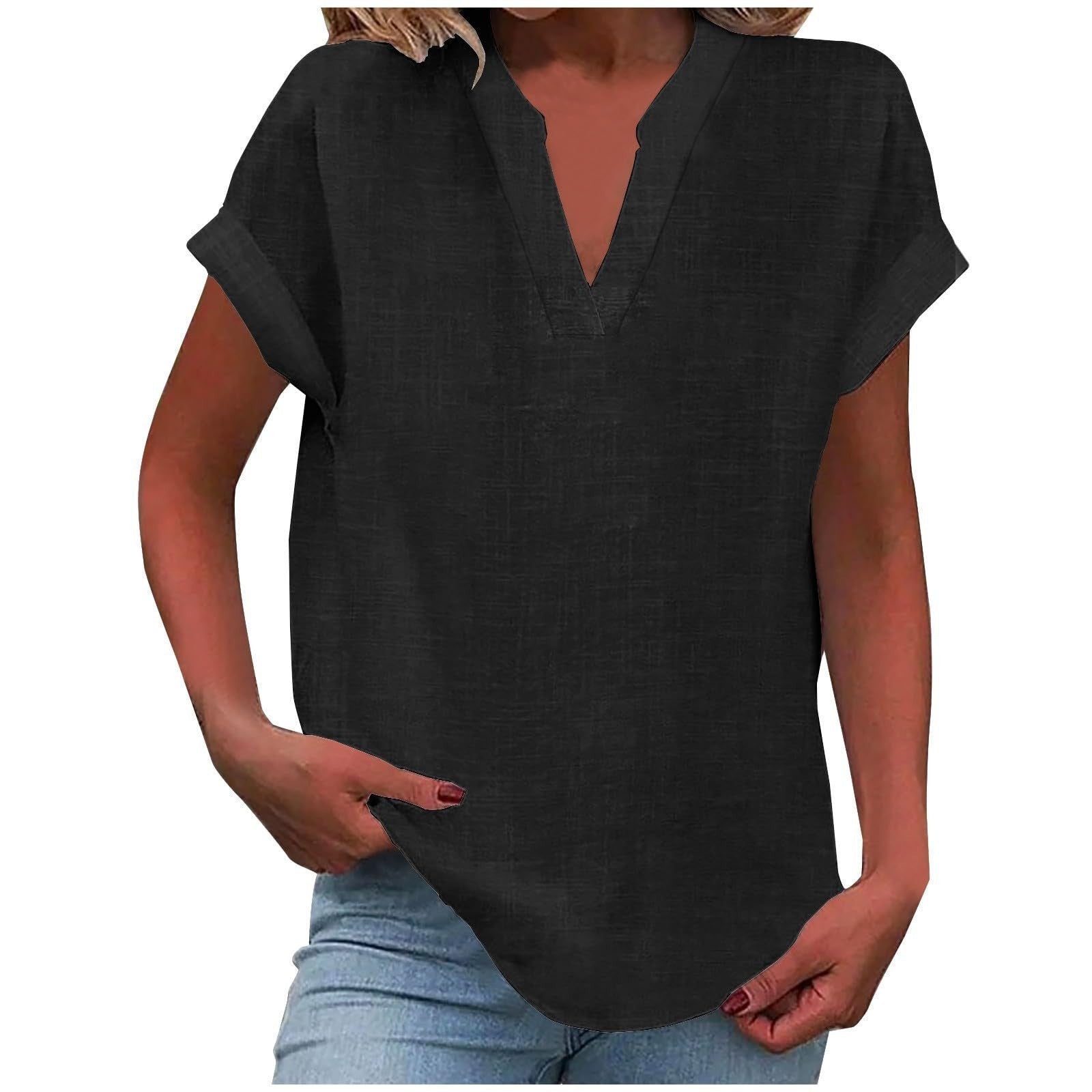 Women's V-Neck Blouse in white, featuring a relaxed fit and short sleeves, designed for plus size women, perfect for summer styling. 9