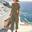 Women's V-Neck Jumpsuit featuring flattering wrap details, designed for casual summer style with short sleeves and a comfortable fit. 2