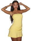 Women’s Yellow Mini Dress with Strapless Neckline and Ruched Detail