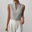 Womens blouse with stand collar and V-neck, featuring a sleeveless design and stylish striped pattern, made from a comfortable cotton blend, perfect for summer 0