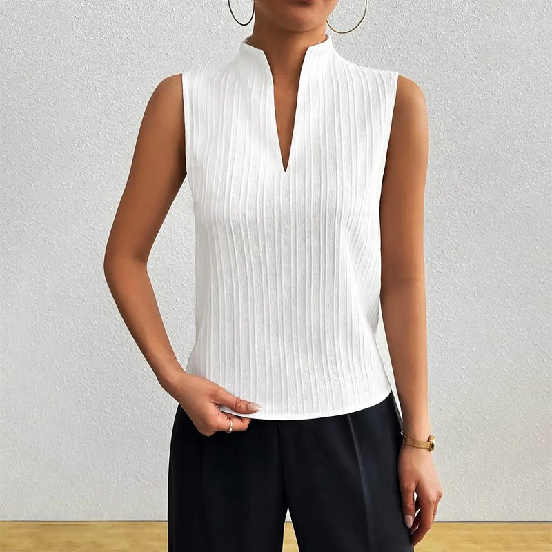 Womens blouse with stand collar and V-neck, featuring a sleeveless design and stylish striped pattern, made from a comfortable cotton blend, perfect for summer 2