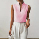 Womens blouse with stand collar and V-neck, featuring a sleeveless design and stylish striped pattern, made from a comfortable cotton blend, perfect for summer 3