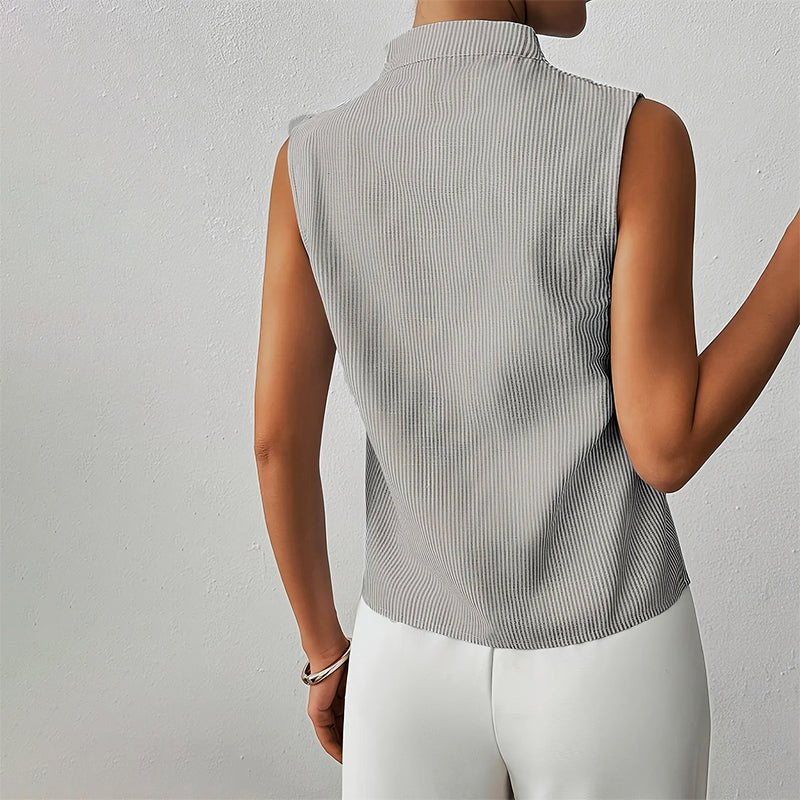 Womens blouse with stand collar and V-neck, featuring a sleeveless design and stylish striped pattern, made from a comfortable cotton blend, perfect for summer 4