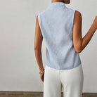 Womens blouse with stand collar and V-neck, featuring a sleeveless design and stylish striped pattern, made from a comfortable cotton blend, perfect for summer 5