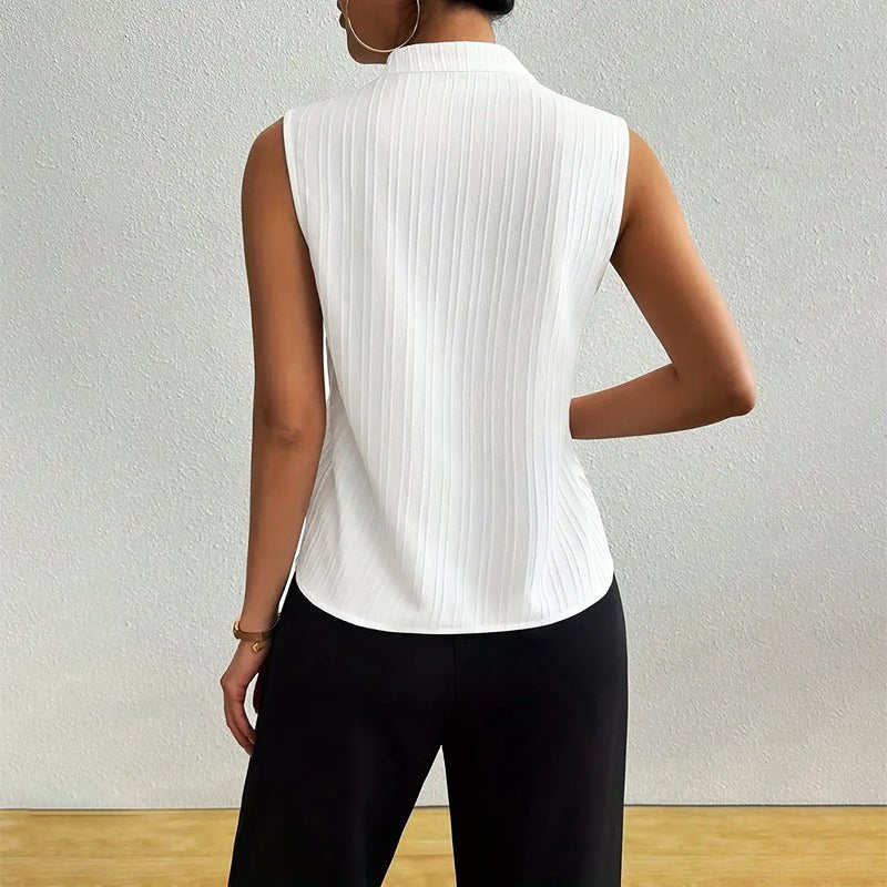 Womens blouse with stand collar and V-neck, featuring a sleeveless design and stylish striped pattern, made from a comfortable cotton blend, perfect for summer 6
