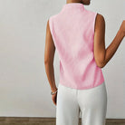 Womens blouse with stand collar and V-neck, featuring a sleeveless design and stylish striped pattern, made from a comfortable cotton blend, perfect for summer 7