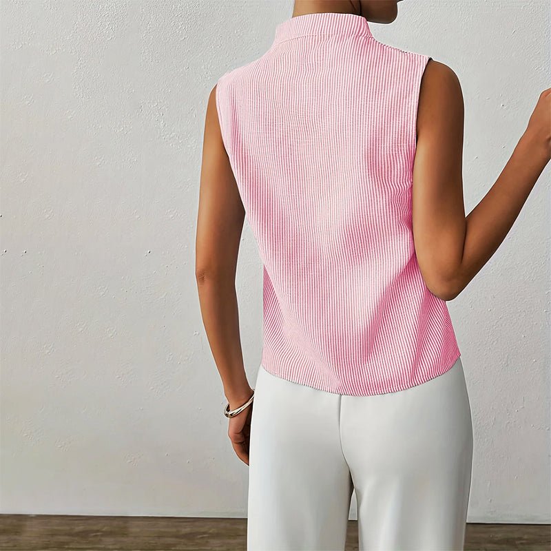 Womens blouse with stand collar and V-neck, featuring a sleeveless design and stylish striped pattern, made from a comfortable cotton blend, perfect for summer 7
