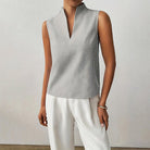 Womens blouse with stand collar and V-neck, featuring a sleeveless design and stylish striped pattern, made from a comfortable cotton blend, perfect for summer 8