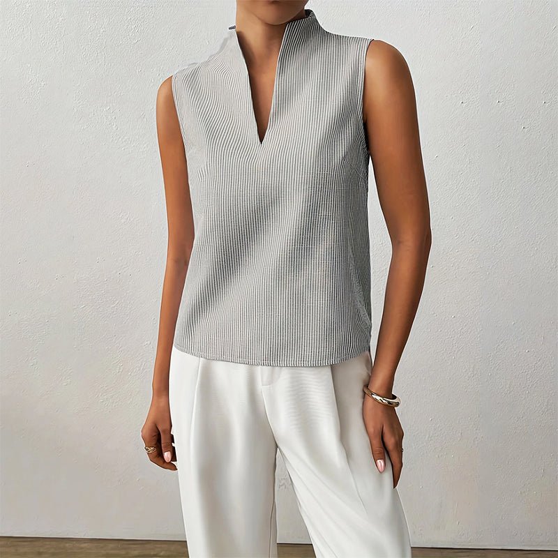 Womens blouse with stand collar and V-neck, featuring a sleeveless design and stylish striped pattern, made from a comfortable cotton blend, perfect for summer 8