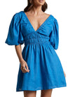 Women’s Blue Mini Dress With Puff Sleeves And Open Back