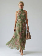 Womens Dress Halter Midi with Gathered Bodice - Floral Lightweight Sleeveless Summer Dress 0
