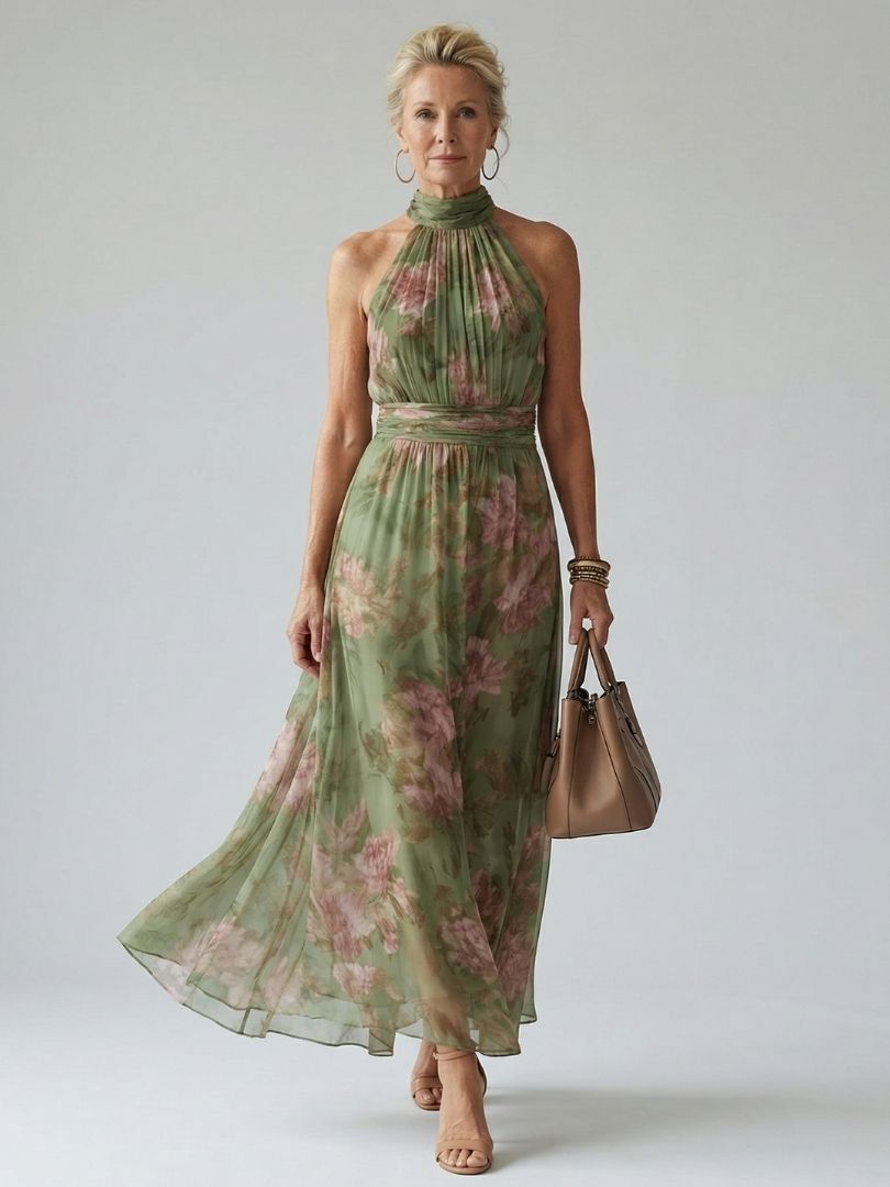 Womens Dress Halter Midi with Gathered Bodice - Floral Lightweight Sleeveless Summer Dress 0