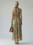 Womens Dress Halter Midi with Gathered Bodice - Floral Lightweight Sleeveless Summer Dress 1