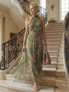 Womens Dress Halter Midi with Gathered Bodice - Floral Lightweight Sleeveless Summer Dress 2