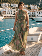 Womens Dress Halter Midi with Gathered Bodice - Floral Lightweight Sleeveless Summer Dress 3