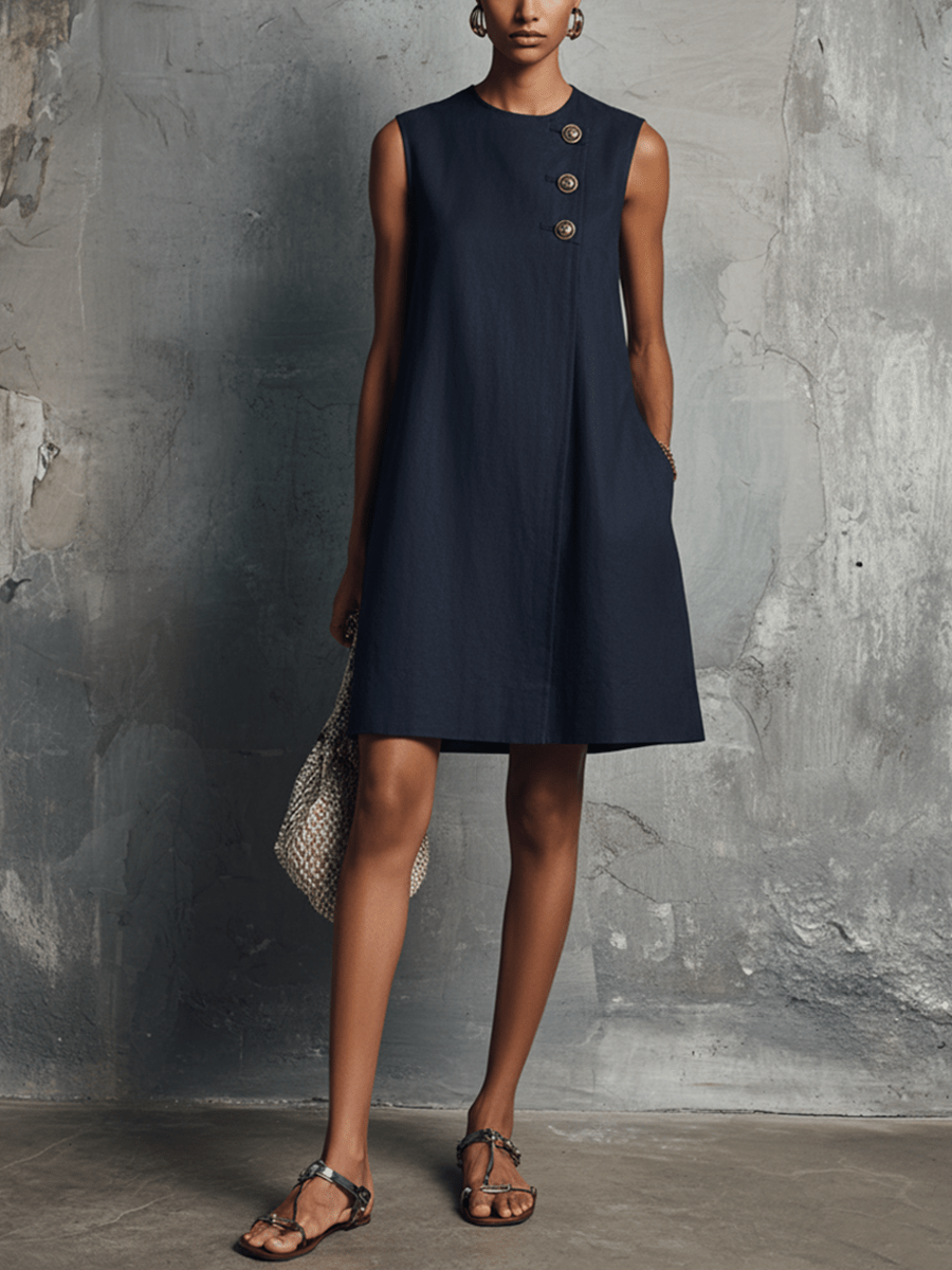 Womens Dress with Asymmetric Button Detail and Side Pocket – Lightweight Minimalist Commuter Style 0