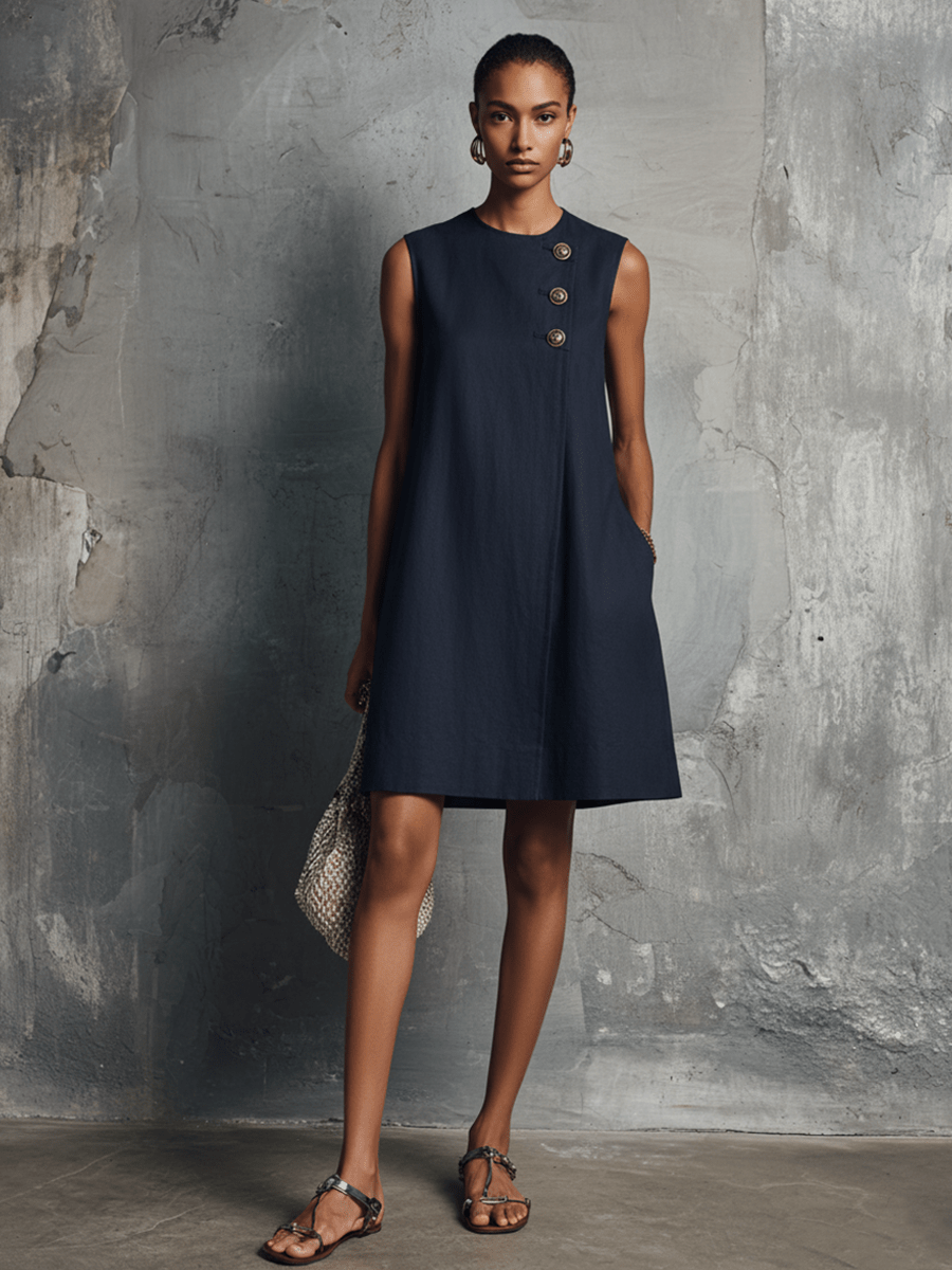 Womens Dress with Asymmetric Button Detail and Side Pocket – Lightweight Minimalist Commuter Style 1