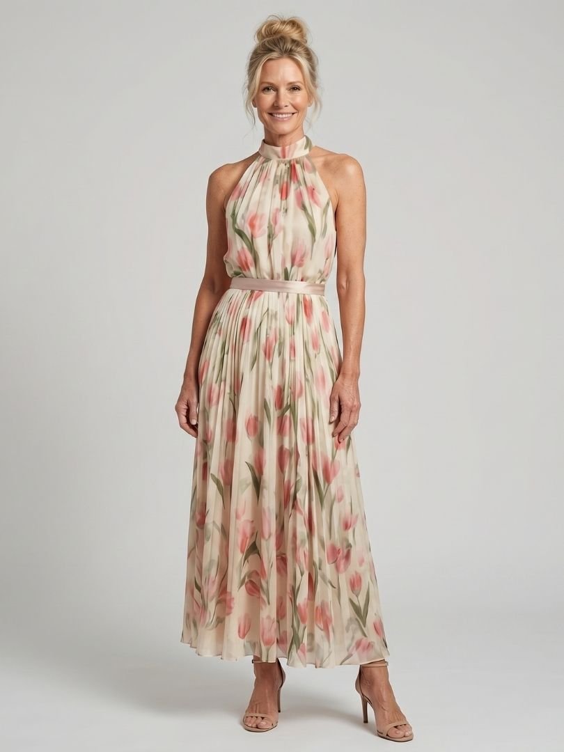 Womens Dress with Belt Detail - Lightweight Floral Midi Dress for Wedding Guests and Summer Events 0