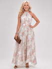 Womens Dress with Halter Neckline and Flowing Skirt – Floral Print Midi Summer Dress for Wedding Guest 0