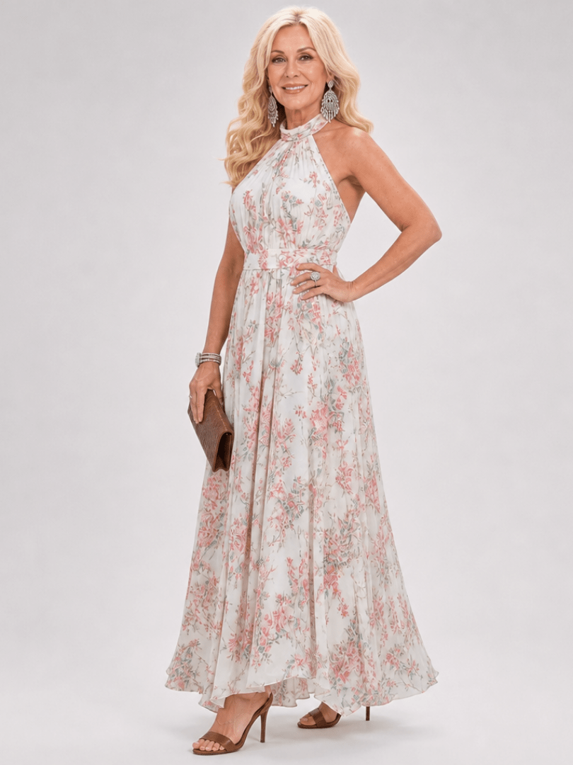 Womens Dress with Halter Neckline and Flowing Skirt – Floral Print Midi Summer Dress for Wedding Guest 1