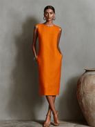 Womens Dress with Side Pockets + Breathable Linen + Minimalist Shift Design + Sleeveless 0