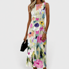 Womens Floral Midi Dress with A-Line Silhouette and Waist Belt – Vibrant Watercolor Print for Summer 0