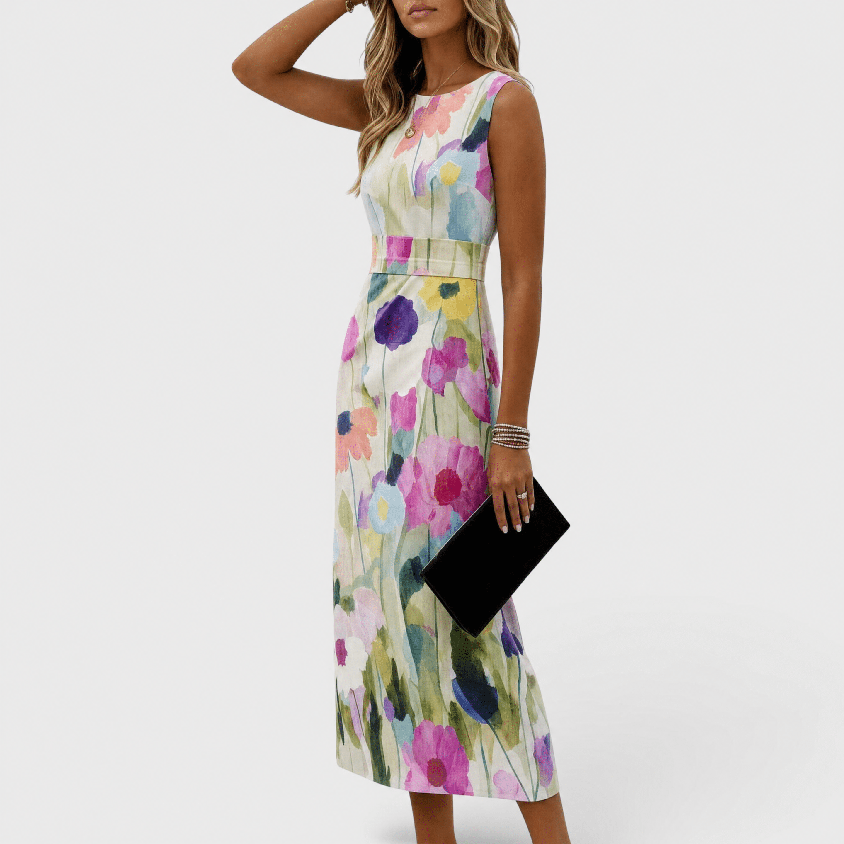 Womens Floral Midi Dress with A-Line Silhouette and Waist Belt – Vibrant Watercolor Print for Summer 1