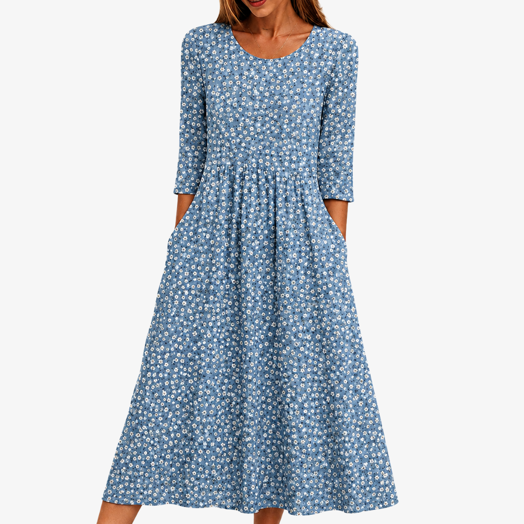 Womens Floral Midi Dress with Gathered Waist and Pockets in Blue Meadow, perfect for summer outings and casual events. 0