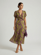 Womens Floral Midi Dress with Wrap Bodice and Short Sleeves – Lightweight Summer Dress 0