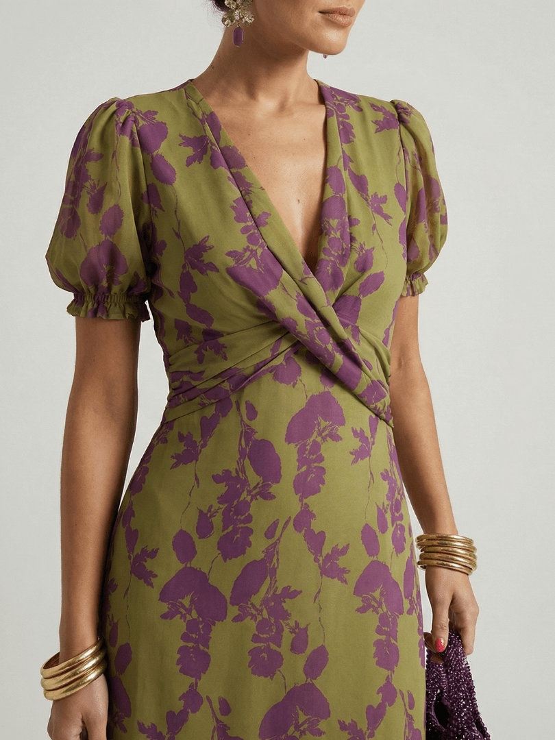 Womens Floral Midi Dress with Wrap Bodice and Short Sleeves – Lightweight Summer Dress 1