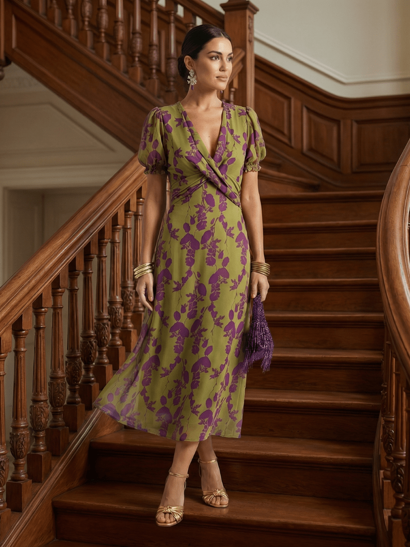 Womens Floral Midi Dress with Wrap Bodice and Short Sleeves – Lightweight Summer Dress 2