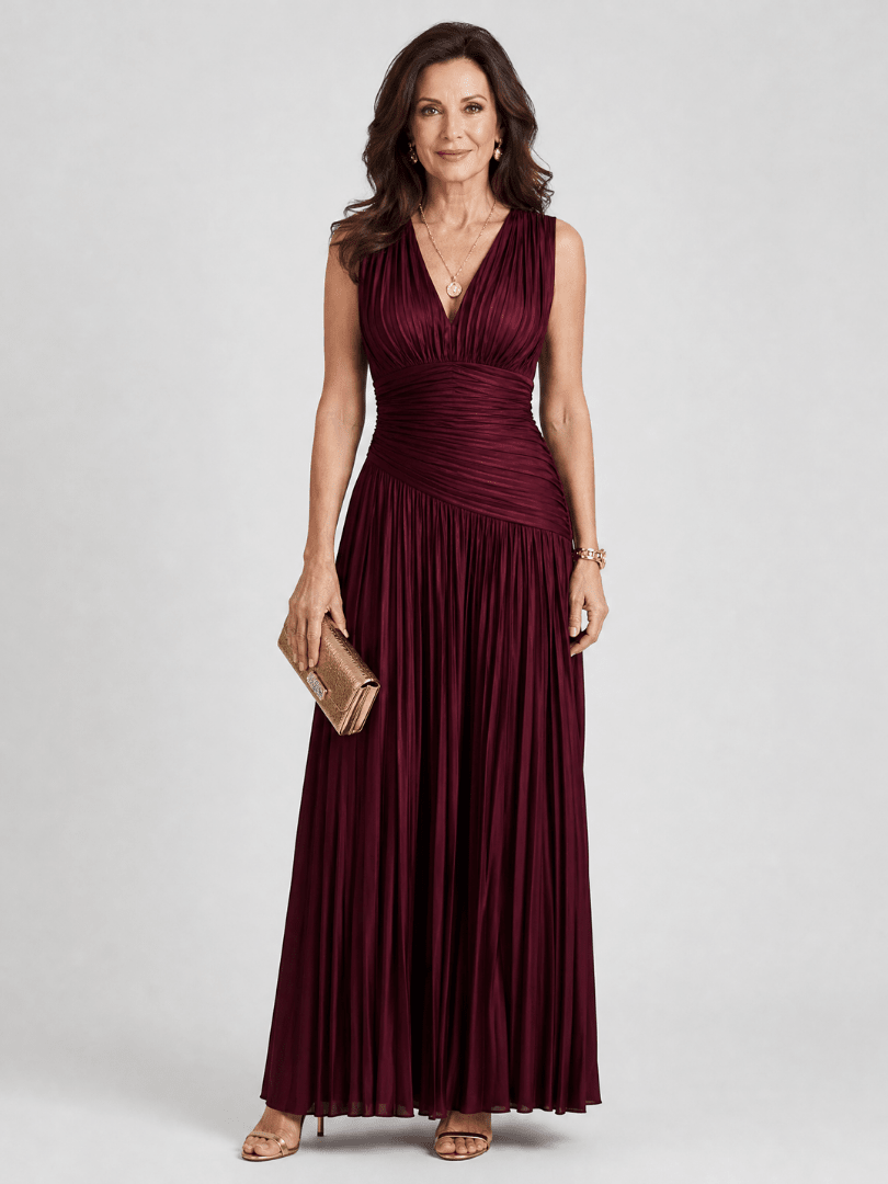 Womens Midi Dress with Pleated V Neck for Weddings and Special Occasions – Lightweight Elegant Design 0