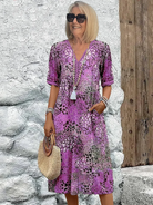 Womens summer dress featuring a V-neck design and a vibrant floral pattern, knee-length, made from soft fabric, and includes convenient side pockets. 3