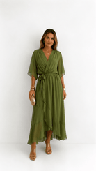 Wrap Maxi Dress with Flutter Sleeves and Adjustable Waist Tie – Elegant Chiffon Long Dress for Women 0
