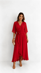 Wrap Maxi Dress with Flutter Sleeves and Adjustable Waist Tie – Elegant Chiffon Long Dress for Women 11