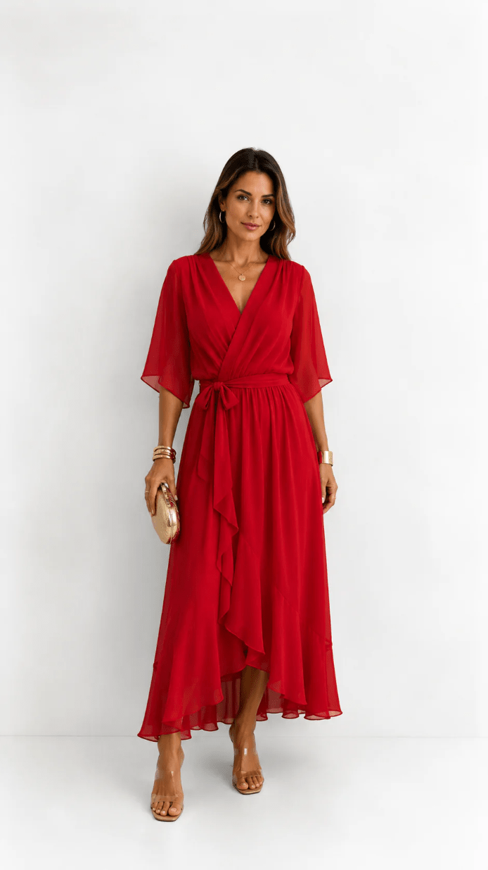 Wrap Maxi Dress with Flutter Sleeves and Adjustable Waist Tie – Elegant Chiffon Long Dress for Women 11