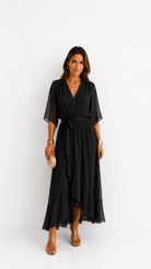 Wrap Maxi Dress with Flutter Sleeves and Adjustable Waist Tie – Elegant Chiffon Long Dress for Women 2