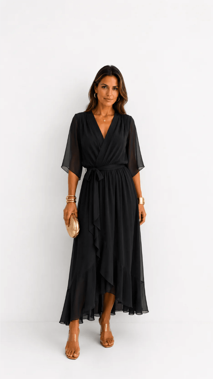 Wrap Maxi Dress with Flutter Sleeves and Adjustable Waist Tie – Elegant Chiffon Long Dress for Women 2