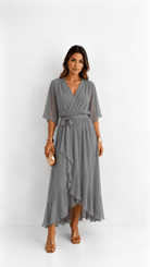 Wrap Maxi Dress with Flutter Sleeves and Adjustable Waist Tie – Elegant Chiffon Long Dress for Women 5